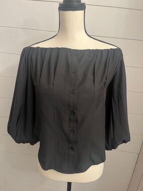 Off-Shoulder Black Button-Front Women's Blouse